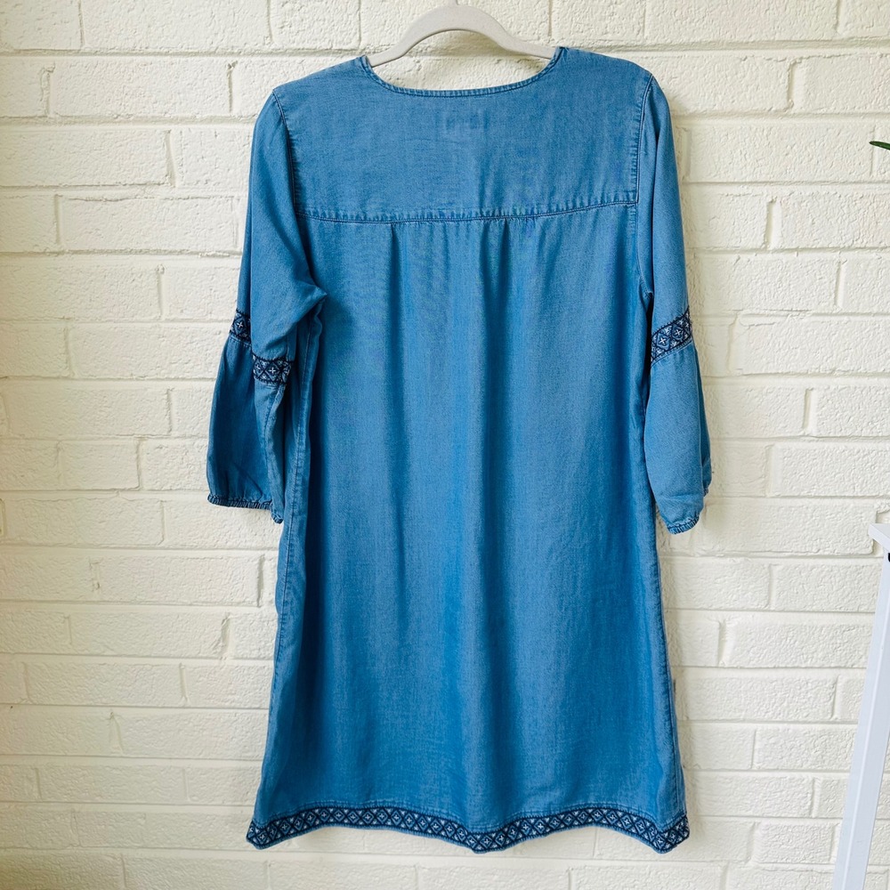 J Jill Denim Tencel Embroidered Boho Chambray Shift Dress Small Blue Tassel - Picture 7 of 7